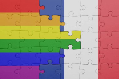 Fransa 'nın renkli ulusal bayrağı ve gökkuşağı gay gurur bayrağı ile bulmaca. konsept
