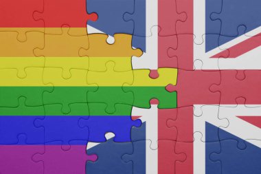 Büyük Britanya ve gökkuşağı eşcinsellik bayrağının renkli ulusal bayrağıyla bulmaca. konsept