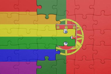 Portekiz ve gökkuşağı eşcinsellik bayrağının renkli ulusal bayrağıyla bulmaca. konsept