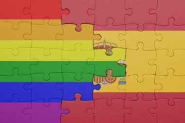 İspanya 'nın renkli ulusal bayrağı ve gökkuşağı gay gurur bayrağı ile bulmaca. konsept
