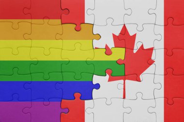 Kanada 'nın renkli ulusal bayrağı ve gökkuşağı eşcinsellik bayrağı bulmacası. konsept