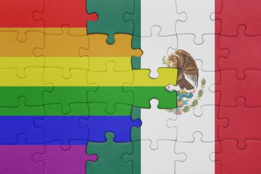 Meksika 'nın renkli ulusal bayrağı ve gökkuşağı eşcinsellik bayrağı. konsept