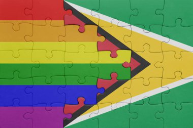 Guyana 'nın renkli ulusal bayrağı ve gökkuşağı eşcinsellik gururu bayrağı. konsept