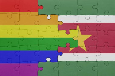 Surinam ve gökkuşağı eşcinsellik bayrağının renkli ulusal bayrağıyla bulmaca. konsept