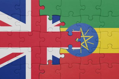 Etiyopya 'nın renkli ulusal bayrağı ve Büyük Britanya bayrağı ile bulmaca. konsept