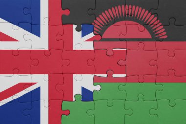 Malawi 'nin renkli ulusal bayrağı ve Büyük Britanya bayrağı ile bulmaca. konsept