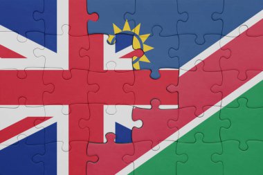 Namibya 'nın renkli ulusal bayrağı ve Büyük Britanya bayrağı. konsept