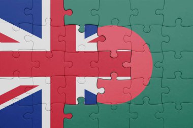 Bangladeş 'in renkli ulusal bayrağı ve Büyük Britanya bayrağı. konsept