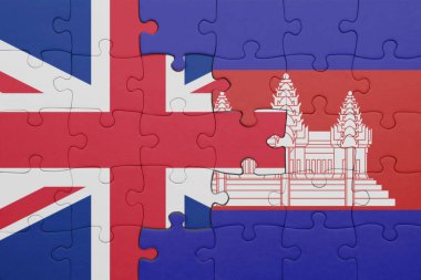 Kamboçya 'nın renkli ulusal bayrağı ve Büyük Britanya bayrağı. konsept