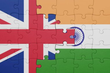 Hindistan 'ın renkli ulusal bayrağı ve Büyük Britanya bayrağı ile bulmaca. konsept