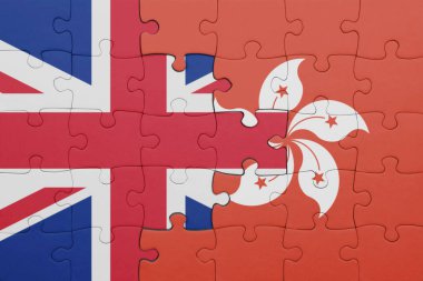 Hong Kong 'un renkli ulusal bayrağı ve Büyük Britanya bayrağı. konsept