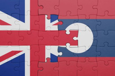 Büyük Britanya bayrağı ve laoların renkli ulusal bayrağı ile bulmaca. konsept