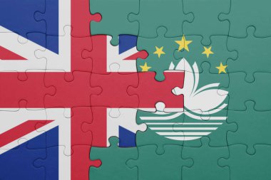 Macau 'nun renkli ulusal bayrağı ve Büyük Britanya bayrağı ile bulmaca. konsept
