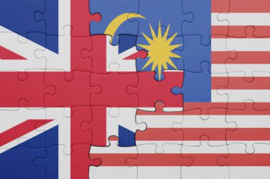 Malezya 'nın renkli ulusal bayrağı ve İngiltere' nin bayrağı. konsept
