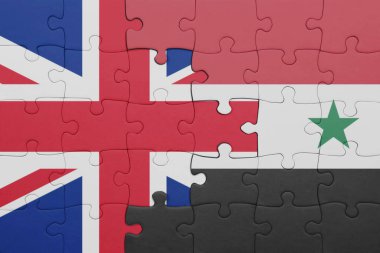 Suriye 'nin renkli ulusal bayrağı ve Büyük Britanya bayrağı ile bulmaca. konsept