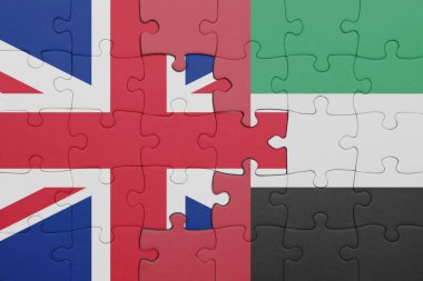 Birleşik Arap Emirliklerinin renkli ulusal bayrağı ve büyük Britanya bayrağıyla ilgili bulmacalar. konsept
