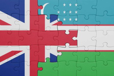Özbekistan 'ın renkli ulusal bayrağı ve İngiltere' nin bayrağı. konsept