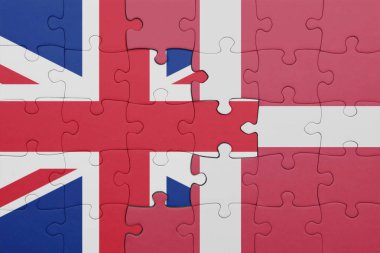 Danimarka 'nın renkli ulusal bayrağı ve İngiltere' nin bayrağıyla ilgili bulmacalar. konsept