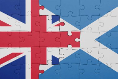 İskoçya 'nın renkli ulusal bayrağı ve Büyük Britanya bayrağı ile bulmaca. konsept