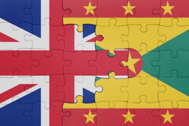 Grenada 'nın renkli ulusal bayrağı ve Büyük Britanya bayrağı ile bulmaca. konsept