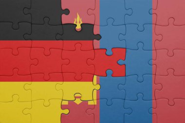 Moğolistan 'ın renkli ulusal bayrağı ve Almanya bayrağıyla ilgili bulmacalar. konsept