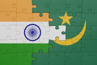 Mauritania 'nın renkli ulusal bayrağı ve Hindistan bayrağının bulmacası. konsept