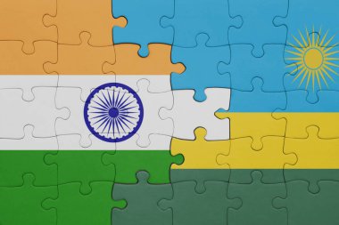 Ruanda 'nın renkli ulusal bayrağı ve Hindistan bayrağı bulmacası. konsept