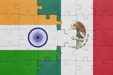 Meksika 'nın renkli ulusal bayrağı ve Hindistan bayrağıyla bulmaca. konsept