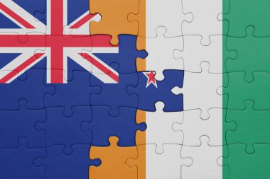 Cote Divoire 'ın renkli ulusal bayrağı ve Yeni Zelanda bayrağı. konsept