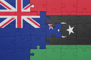 Libya 'nın renkli ulusal bayrağı ve Yeni Zelanda bayrağı. konsept