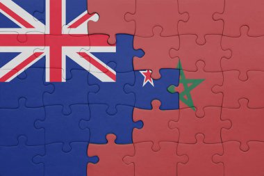 Fas 'ın renkli ulusal bayrağı ve Yeni Zelanda bayrağı. konsept