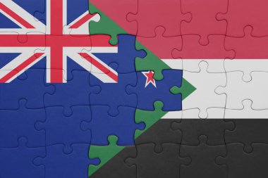 Sudan 'ın renkli ulusal bayrağı ve Yeni Zelanda bayrağı ile bulmaca. konsept