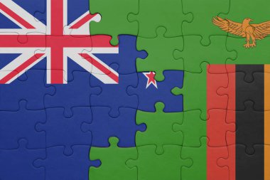 Zambiya 'nın renkli ulusal bayrağı ve Yeni Zelanda bayrağı. konsept