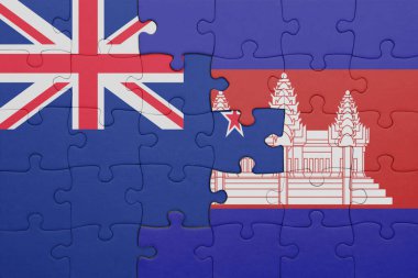 Kamboçya 'nın renkli ulusal bayrağı ve Yeni Zelanda bayrağı. konsept