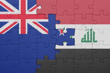 Irak 'ın renkli ulusal bayrağı ve Yeni Zelanda bayrağı. konsept