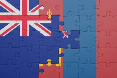 Moğolistan 'ın renkli ulusal bayrağı ve Yeni Zelanda bayrağı. konsept