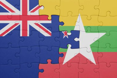 Myanmar 'ın renkli ulusal bayrağı ve Yeni Zelanda bayrağı. konsept