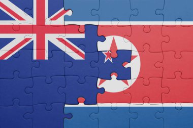 Kuzey Kore 'nin renkli ulusal bayrağı ve Yeni Zelanda bayrağı. konsept