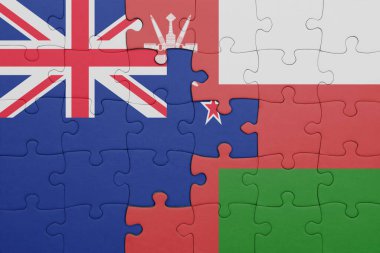 Umman 'ın renkli ulusal bayrağı ve Yeni Zelanda bayrağı. konsept