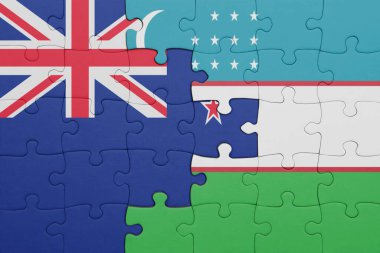 Özbekistan 'ın renkli ulusal bayrağı ve Yeni Zelanda bayrağı. konsept