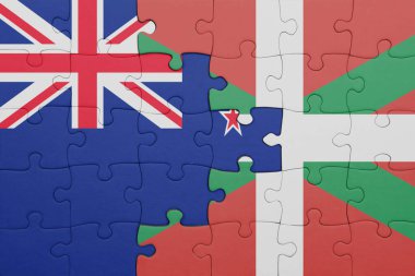 Bask ülkesinin renkli ulusal bayrağı ve Yeni Zelanda bayrağının bulmacası. konsept