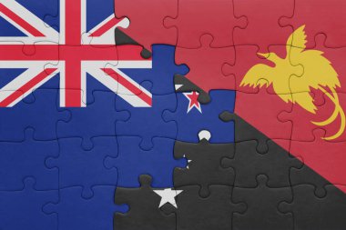 Papua Yeni Gine 'nin renkli ulusal bayrağı ve Yeni Zelanda bayrağı. konsept