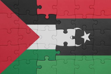 Libya 'nın renkli ulusal bayrağı ve Filistin bayrağının bulmacası. konsept