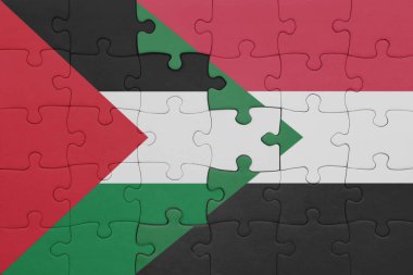 Sudan 'ın renkli ulusal bayrağı ve Filistin bayrağı bulmacası. konsept