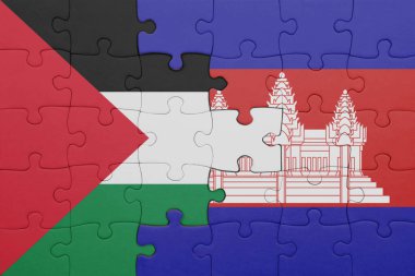 Kamboçya 'nın renkli ulusal bayrağı ve Filistin bayrağının bulmacası. konsept