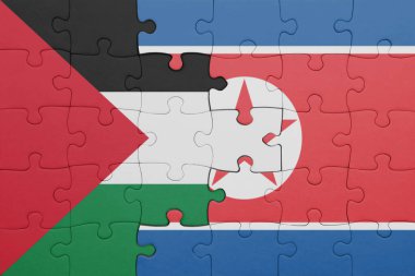 Kuzey Kore 'nin renkli ulusal bayrağı ve Filistin bayrağının bulmacası. konsept