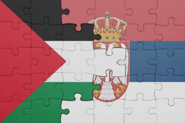 Renkli ulusal Sırp bayrağı ve Filistin bayrağı bulmacası. konsept