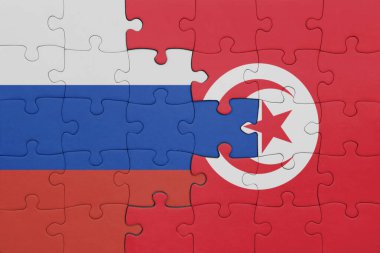 Tunus 'un renkli ulusal bayrağı ve Rusya bayrağıyla ilgili bulmacalar. konsept