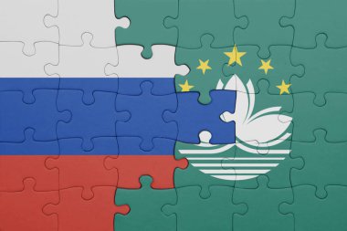 Macau 'nun renkli ulusal bayrağı ve Rusya bayrağı ile bulmaca. konsept