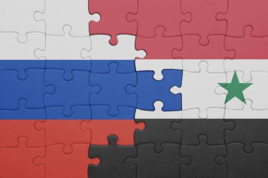 Suriye 'nin renkli ulusal bayrağı ve Rusya bayrağıyla ilgili bulmacalar. konsept